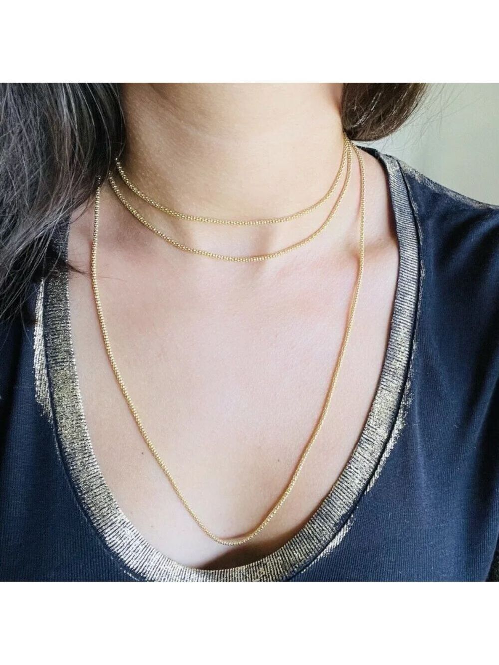 2 Stacking Sterling Silver 18k Gold Vermeil Mirror Chain Choker Necklaces